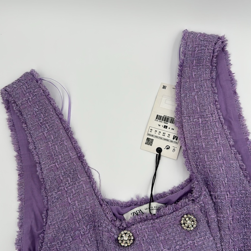 ZARA Lilac Purple Tweed Rhinestone Button Mini Dress Size Medium NWT/EUC - Picture 5 of 9